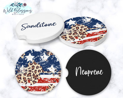 American Flag Leopard Print Car Coasters