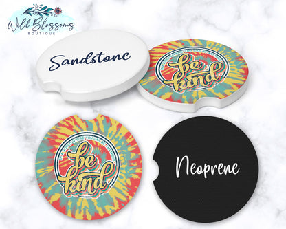 Retro Tie Dye Be Kind Car Coasters