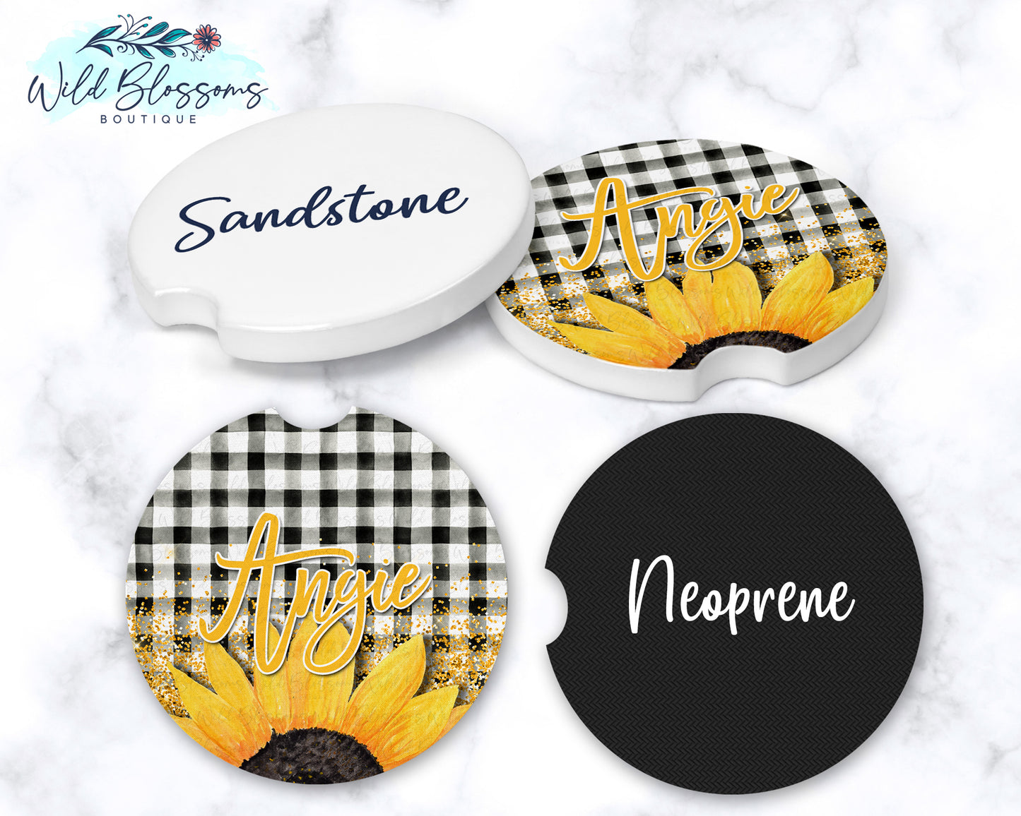 Black Buffalo Plaid Sunflower Personalized Car Coasters