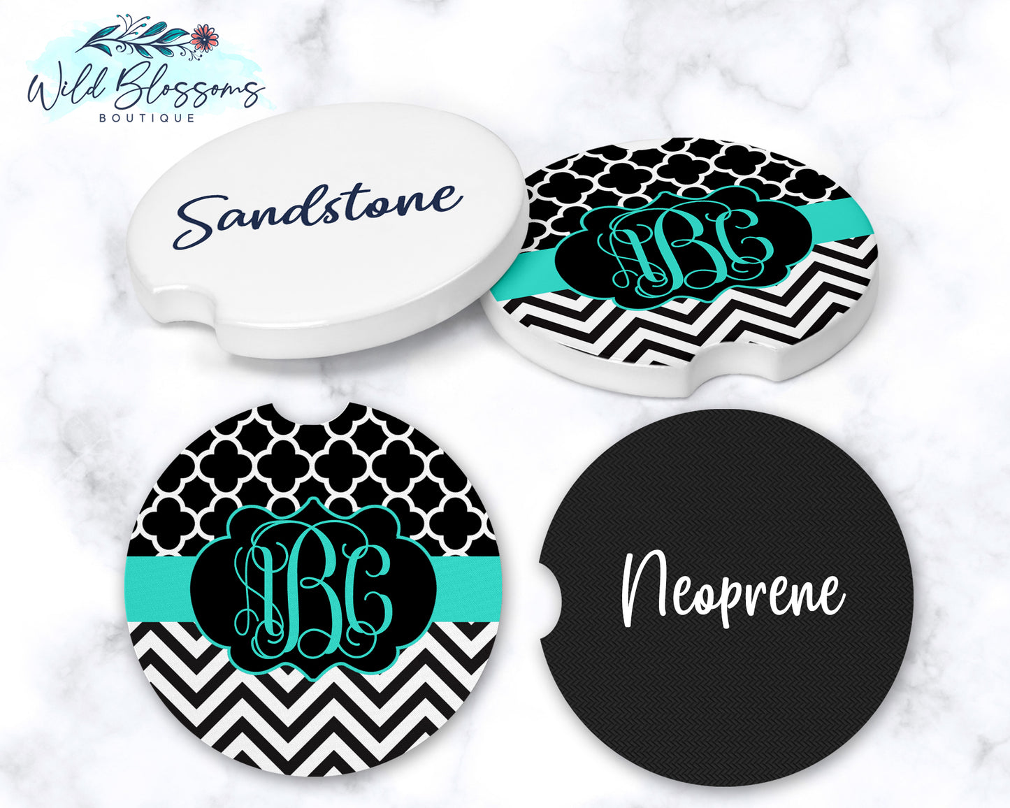 Black And Teal Monogram Car Coasters