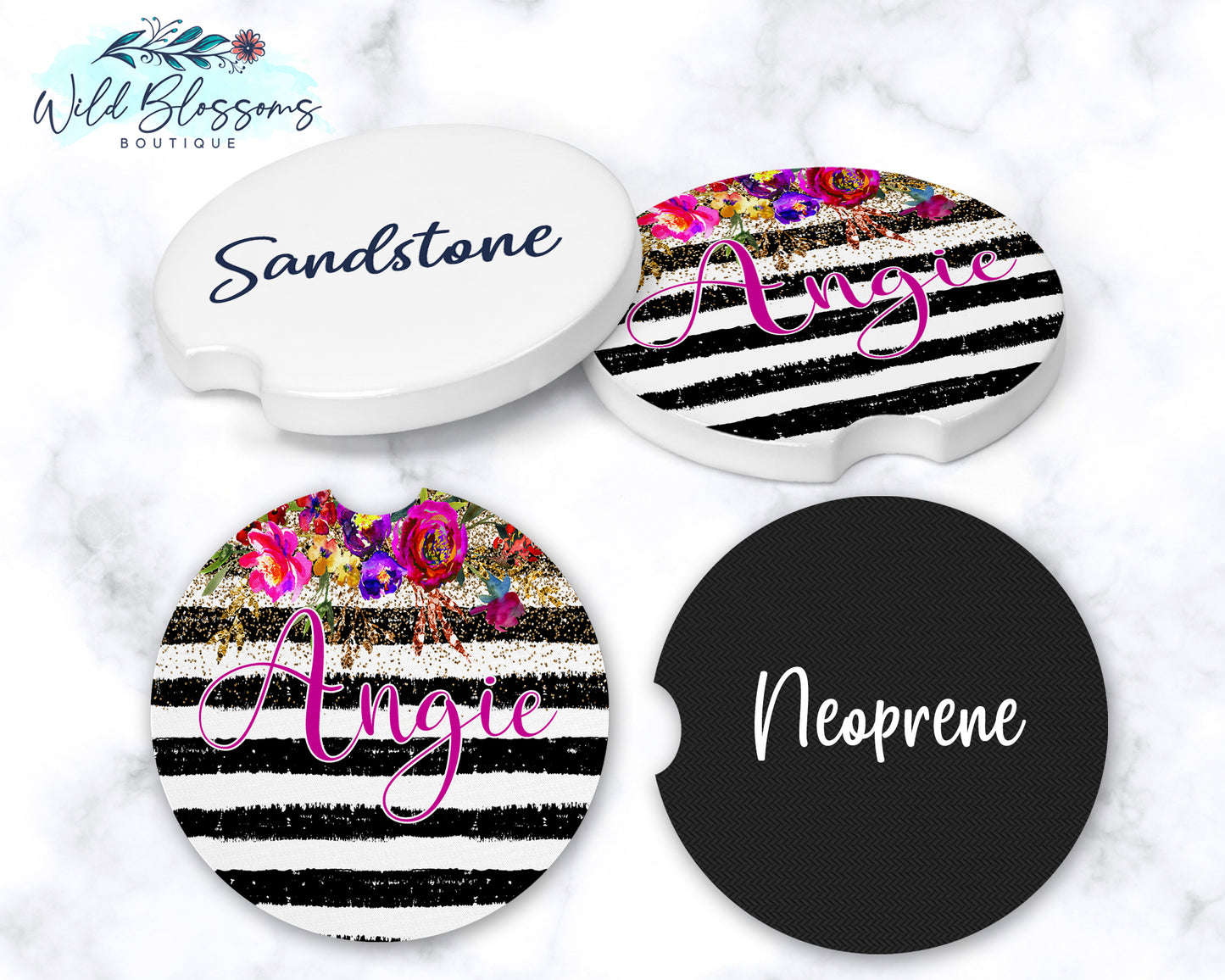 Black And White Striped Gold Floral Personalized Car Coasters