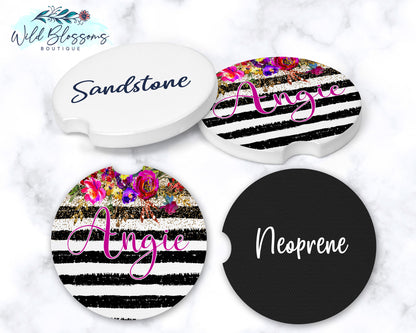 Black And White Striped Gold Floral Personalized Car Coasters