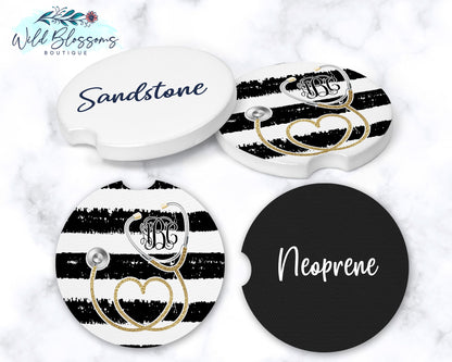 Black And White Striped Gold Stethoscope Monogram Car Coasters