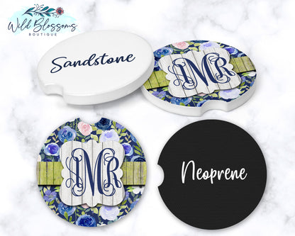 Blue Floral Monogram Car Coasters