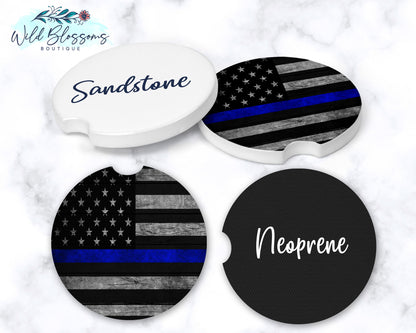 Wooden American Flag Blue Line Car Coasters