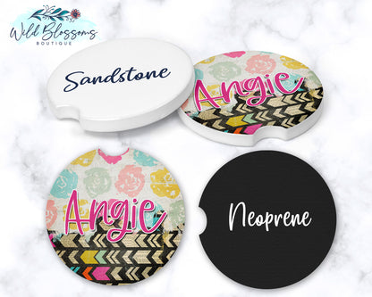 Boho Floral Personalized Car Coasters