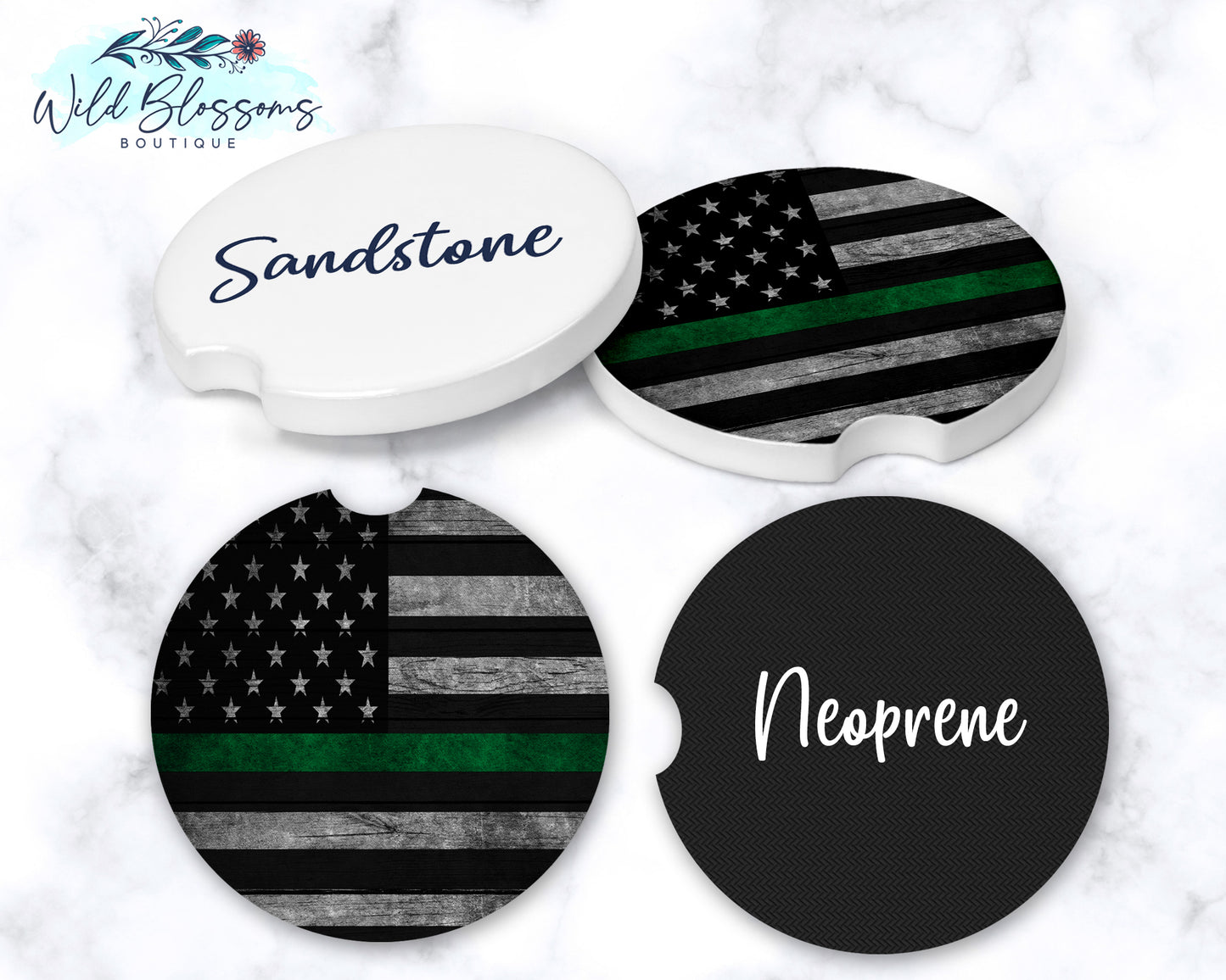 Wooden American Flag Green Line Car Coasters