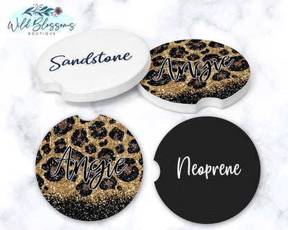 Leopard Print And Black Glitter Car Coasters