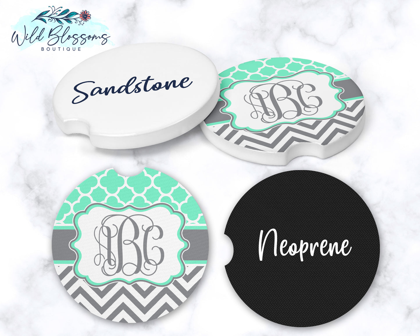 Mint And Grey Monogram Car Coasters