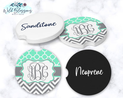 Mint And Grey Monogram Car Coasters