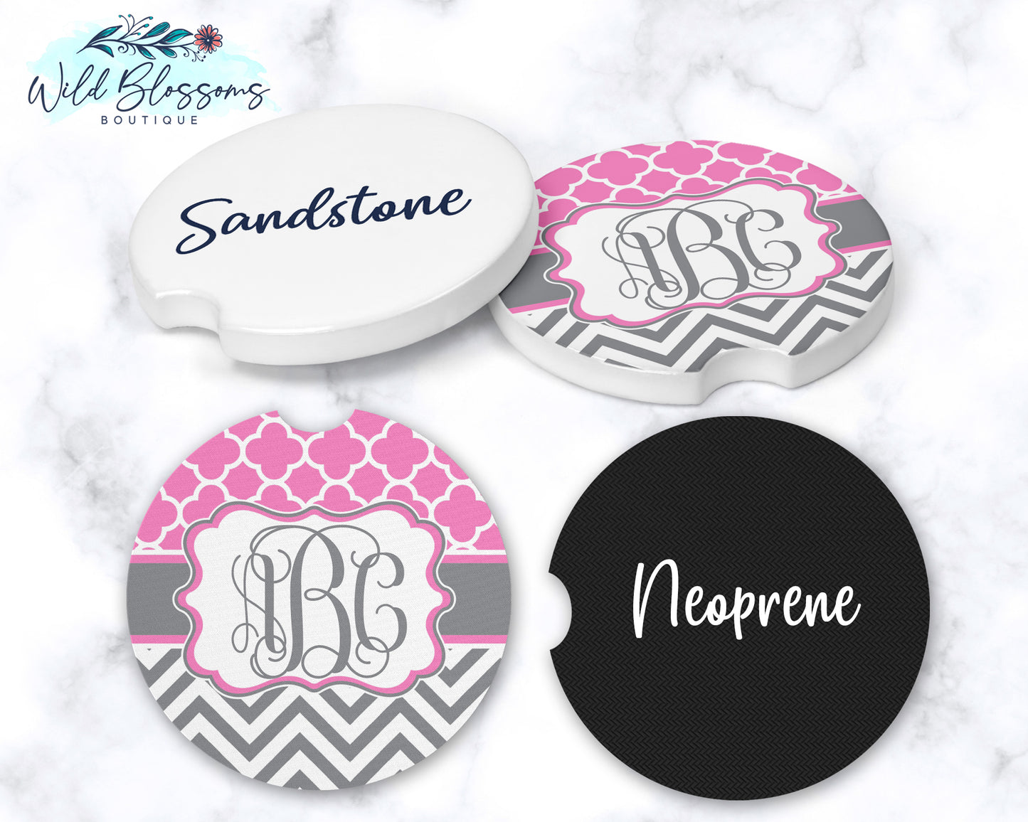 Pink And Grey Monogram Car Coasters