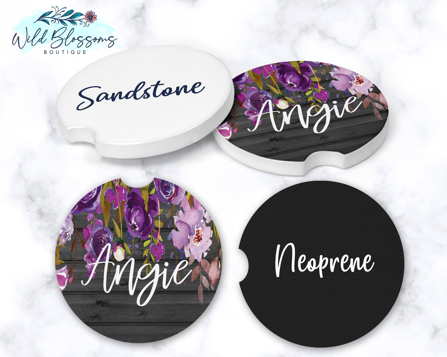 Wooden Grey And Purple Floral Car Coasters