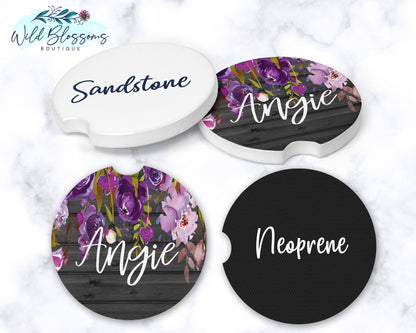 Wooden Grey And Purple Floral Car Coasters