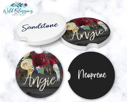 Wooden Grey And Red Floral Car Coasters