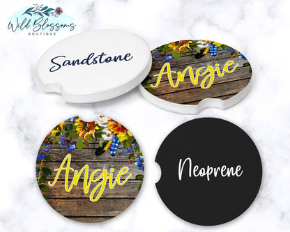 Wooden Sunflower Floral Personalized Car Coasters