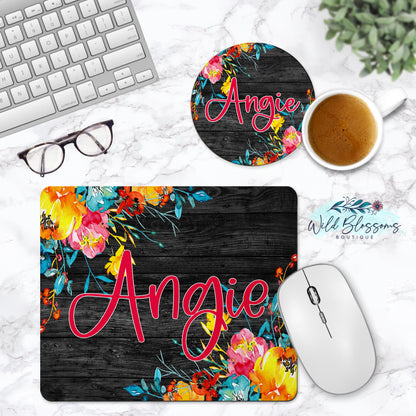 Bright Floral Dark Wood Personalized Phone Stand