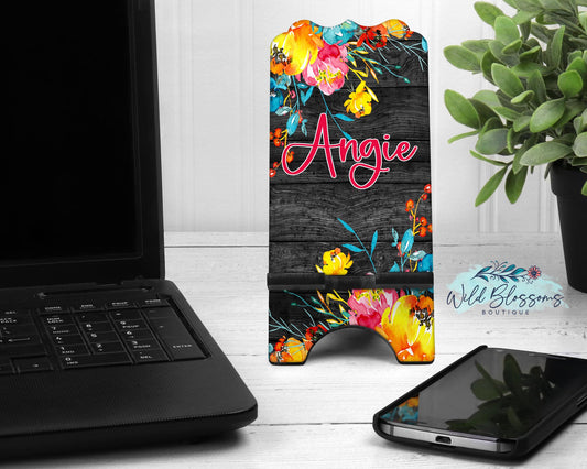 Bright Floral Dark Wood Personalized Phone Stand