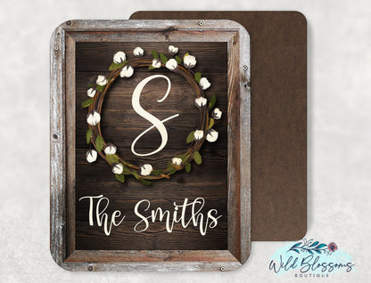 Personalized Cotton Wreath Faux Frame Family Name Sign | Rustic Farmhouse Decor