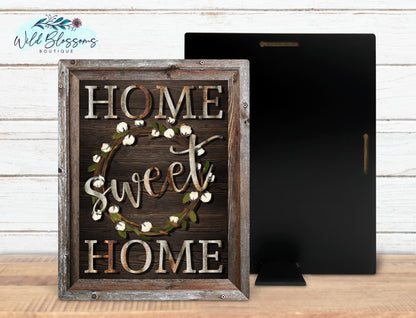 Home Sweet Home Cotton Wreath Faux Frame Sign | Rustic Farmhouse Decor