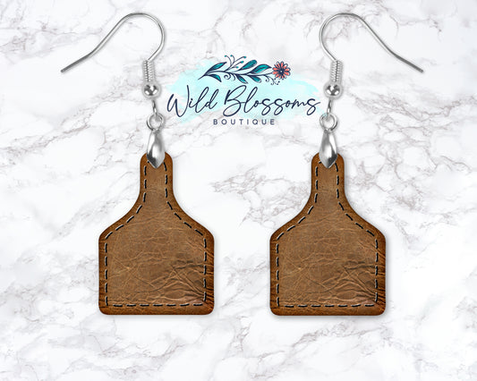 Brown Leather Look Cow Tag Drop Earrings