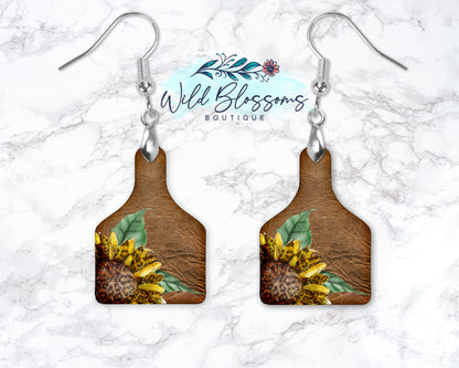 Brown Leather Look Sunflower Cow Tag Drop Earrings