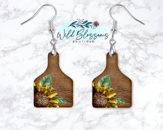 Brown Leather Look Sunflower Cow Tag Drop Earrings
