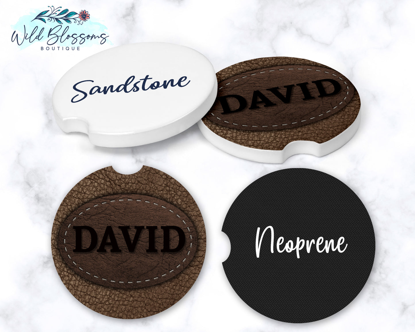 Brown Leather Look Personalized Car Coasters