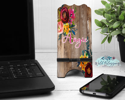 Brown Wooden Floral Personalized Phone Stand
