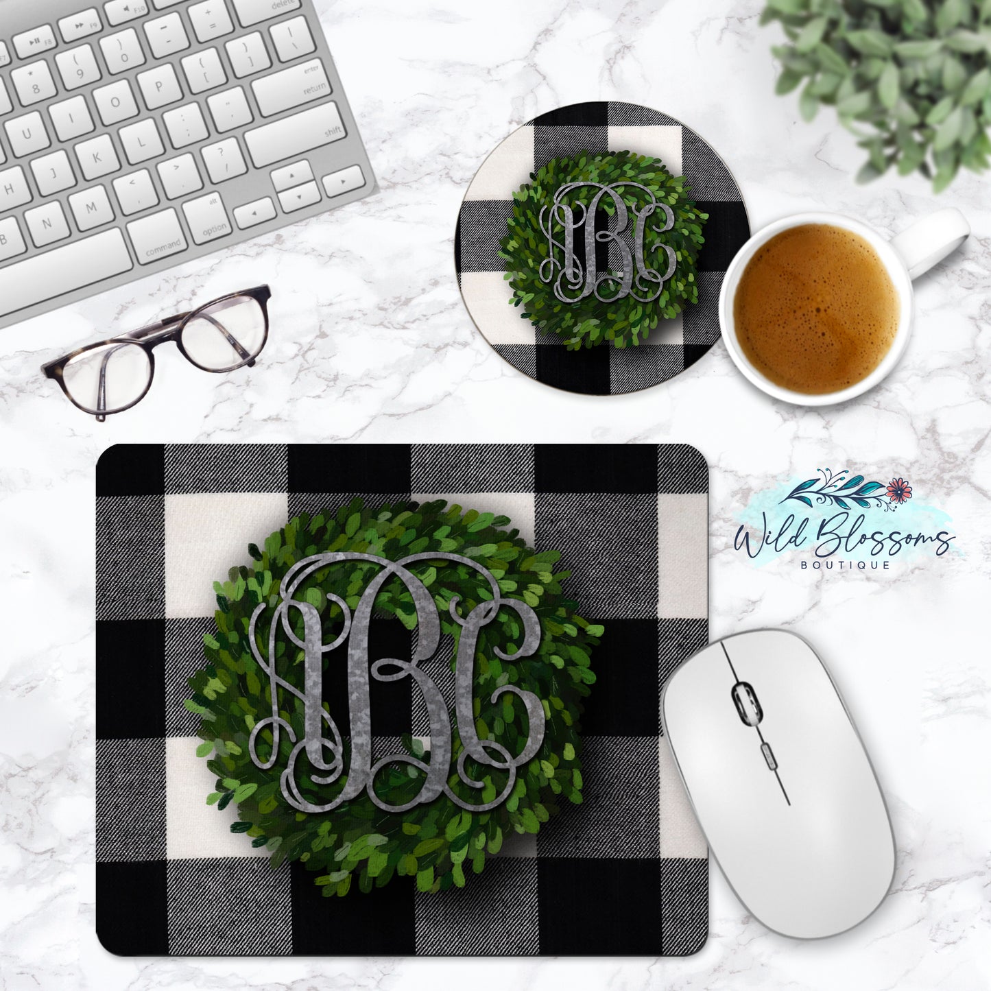 Buffalo Plaid Boxwood Wreath Monogram Mouse Pad And Coaster Desk Set