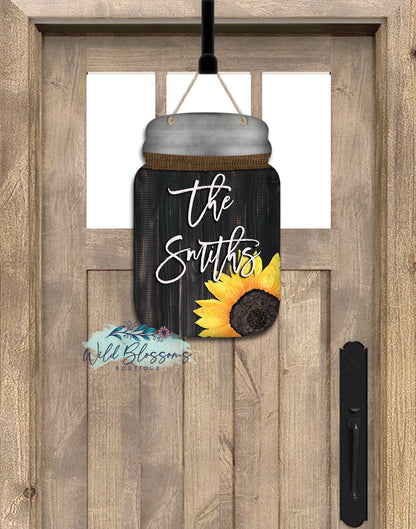 Black Wooden Sunflower Mason Jar Shaped Personalized Door Hanger