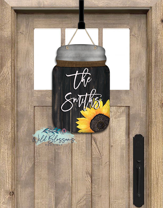 Black Wooden Sunflower Mason Jar Shaped Personalized Door Hanger