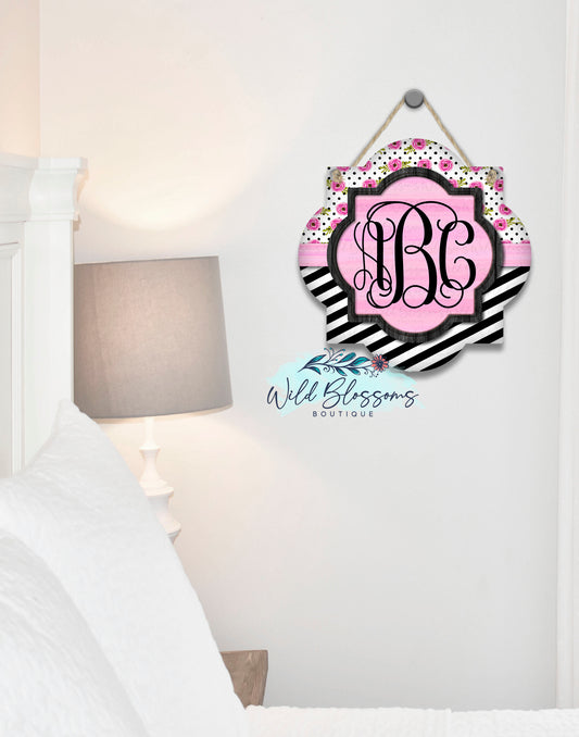 Black And White Striped Pink Rose Quatrefoil Shaped Monogram Door Hanger