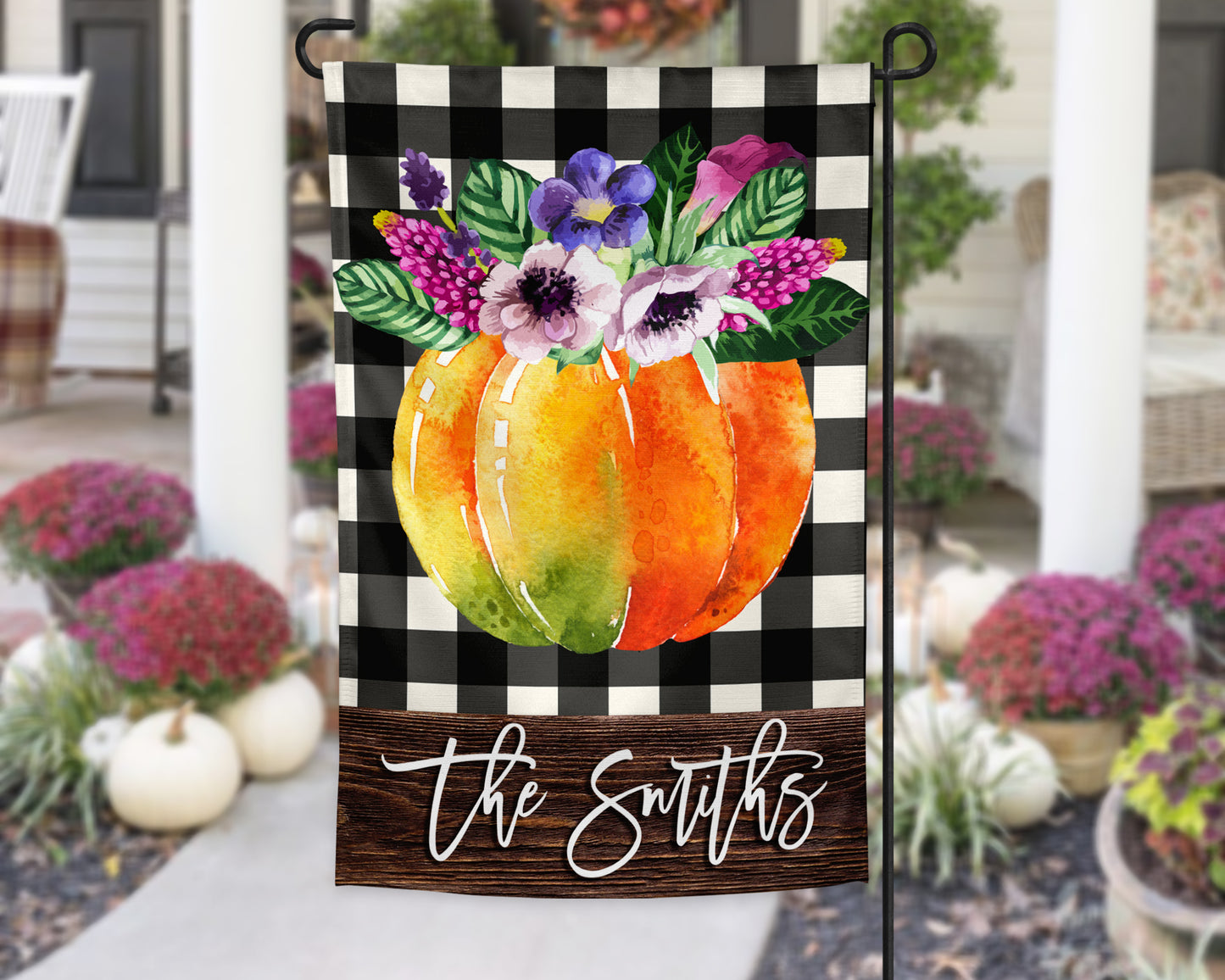 Buffalo Plaid Floral Pumpkin Garden Flag