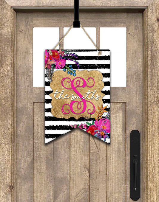 Black And White Striped Floral Bunting Shaped Personalized Door Hanger