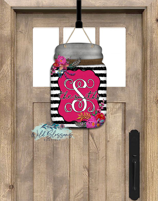 Black And White Striped Floral Mason Jar Shaped Personalized Door Hanger