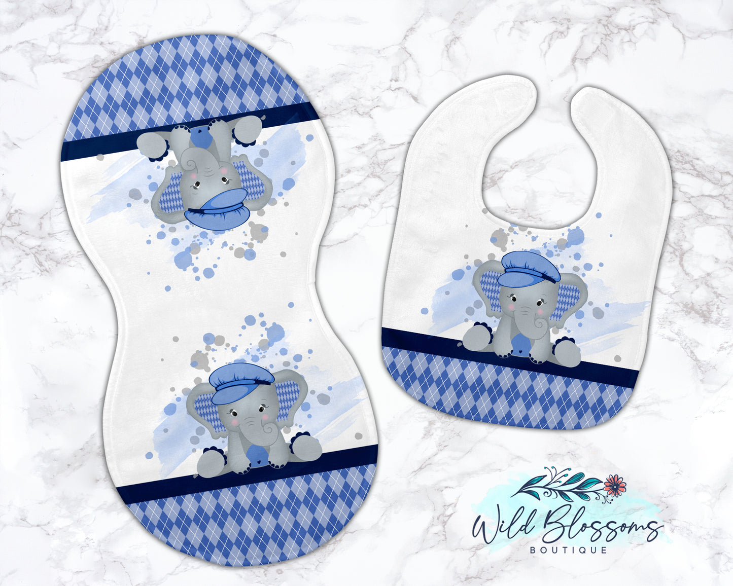 Blue Elephant Baby Bib And Burp Cloth Set