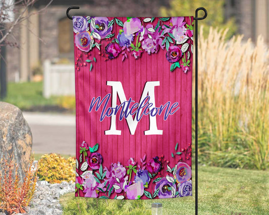 Bright Pink Wooden Floral Personalized Garden Flag