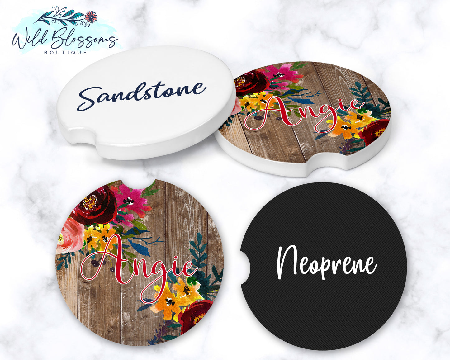 Brown Wooden Floral Personalized Car Coasters