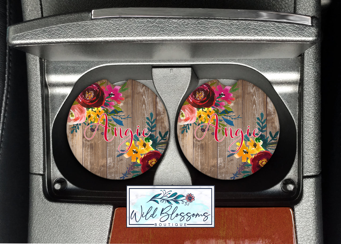 Brown Wooden Floral Personalized Car Coasters