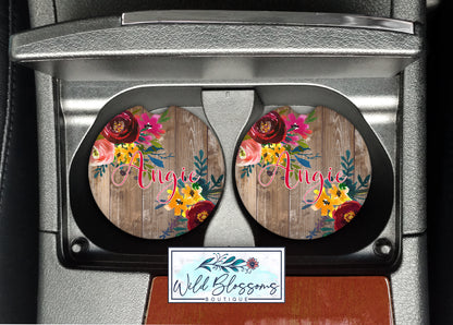 Brown Wooden Floral Personalized Car Coasters