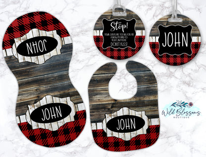 Wooden Red Buffalo Plaid Personalized Baby Bib And Burp Cloth Set