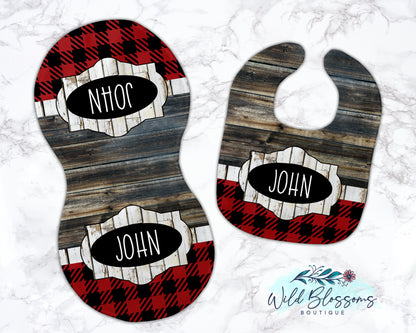 Wooden Red Buffalo Plaid Personalized Baby Bib And Burp Cloth Set