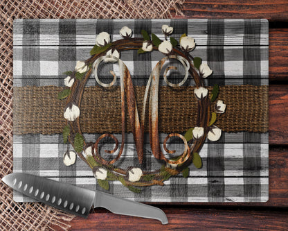 Wooden White Buffalo Plaid Burlap and Cotton Wreath Personalized Glass Cutting Board