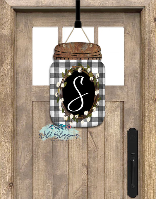 Buffalo Plaid And Cotton Wreath Personalized Mason Jar Door Hanger