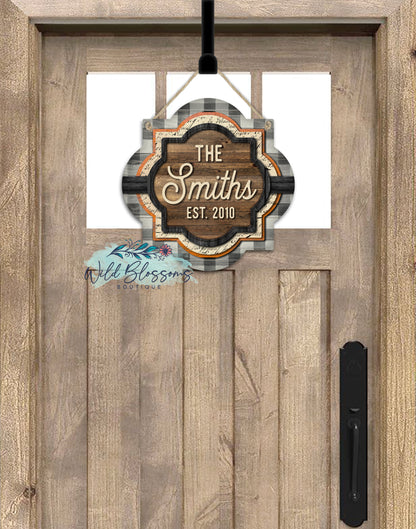 White Buffalo Plaid And Orange Wooden Fall Quatrefoil Door Hanger