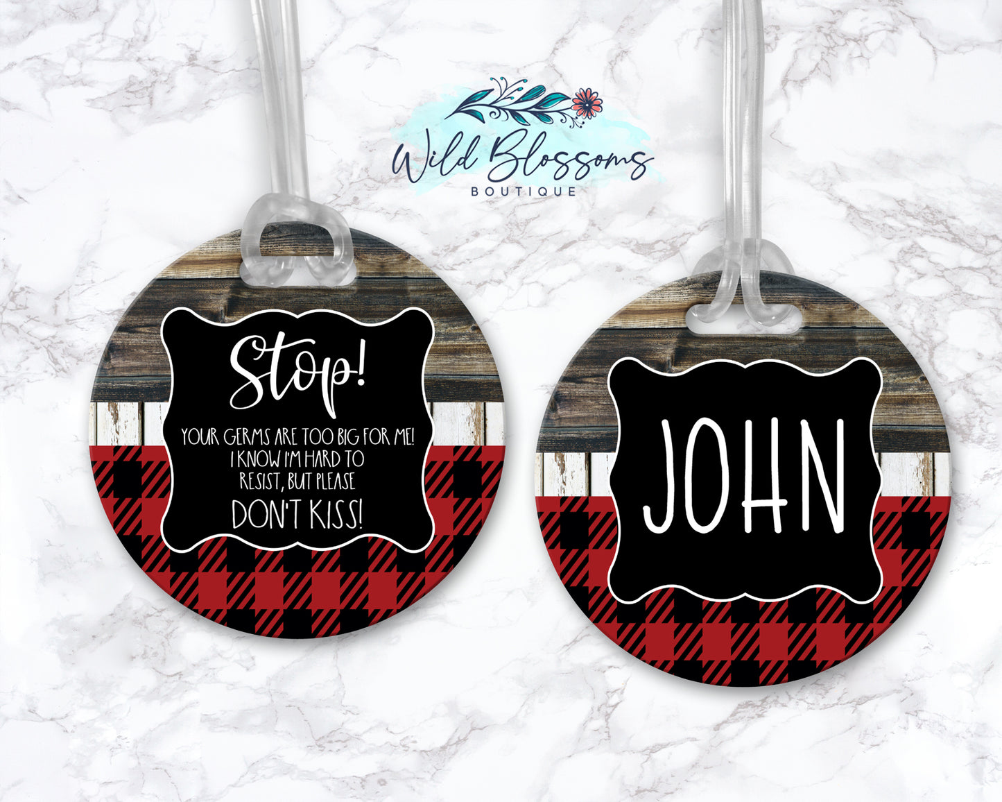 Wooden Red Buffalo Plaid Stop Do Not Kiss Personalized Baby Bag Tag