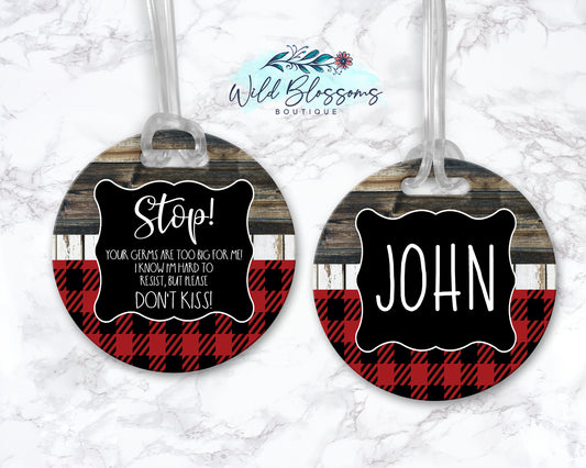 Wooden Red Buffalo Plaid Stop Do Not Kiss Personalized Baby Bag Tag