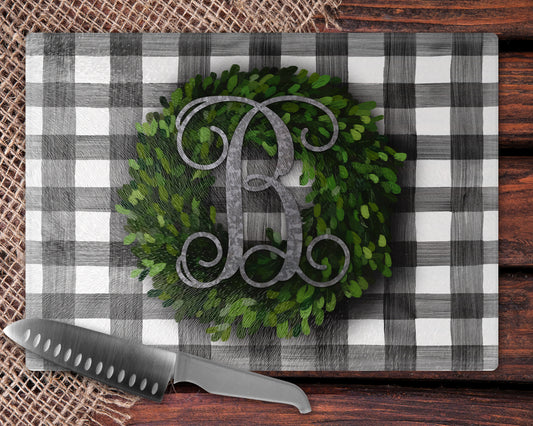 Buffalo Plaid And Boxwood Wreath Personalized Glass Cutting Board