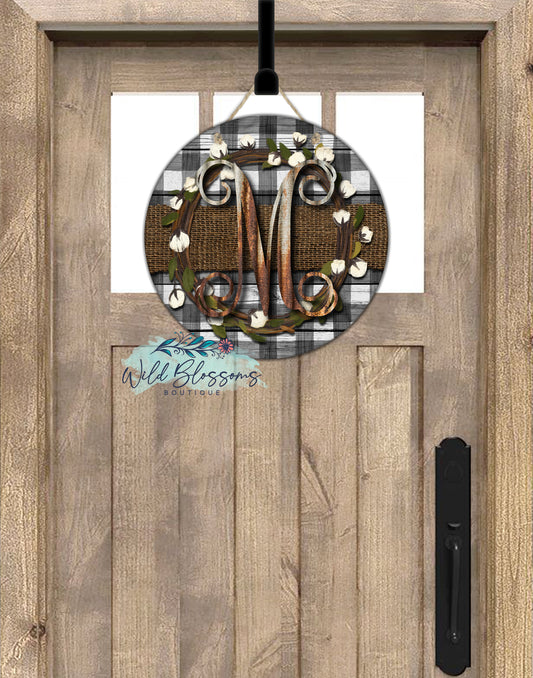 Buffalo Plaid And Burlap Cotton Wreath Personalized Round Door Hanger