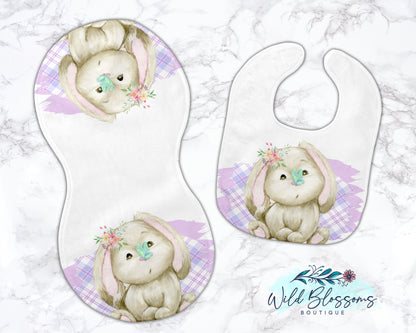 Girl Bunny Baby Bib And Burp Cloth Set